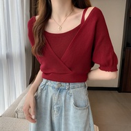 Ready stock 假兩件 針織 打底衫 上衣女韓版 ins 潮 Knit top women's loose-fitting top 2025夏季新款毛衣女韩版心机短款设计感假两件针织打底衫上衣
