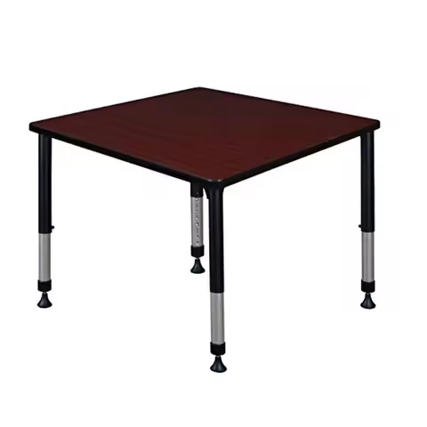 Height Adjustable 36" Square Classroom Table Mahogany Laminate Top Rounded Corners Easy Assembly Adj