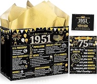 MOIZYNG 75th Birthday Gift Bag for Men Women, Vintage Black Gold Back in 1951 Gift Wrap Bags with Ha