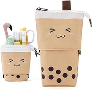FineMoe Standing Pencil Cases - Pop Up Pencil Pouch Box for School Students - Pen Holder Stationery Pouch Makeup Cosmetic Bag Organizer - Pencil Pouches for Girls Boys Women Teens, Brown, Pencil Case