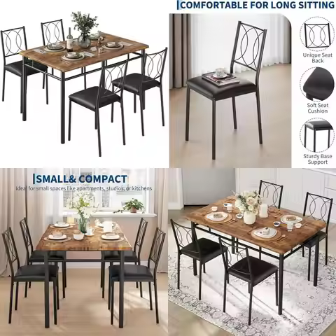 4-Piece Dining Set with Upholstered Chairs for Small Kitchen Spaces - Brown Wooden Table