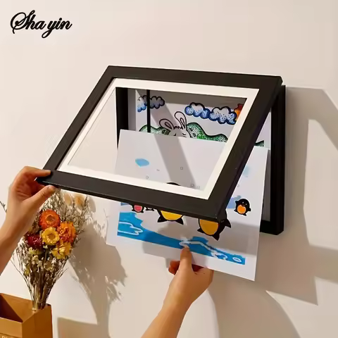 Flip Up Wooden Photo Frame, Magnetic Suction Frame, A4 Children's Photo Frame, Storage Frame, Art Wo