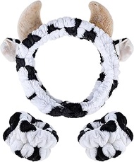 LLOUSSAK Cow Headband for Washing Face, Cute Cow Print Skincare Headband and Wristband Set, Soft Flu