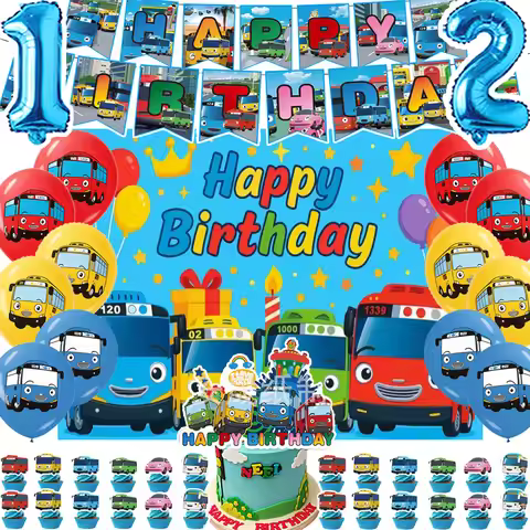 Cartoon Boys Little Tayo Cars Birthday Decorations Kit Happy Birthday Bus Banner Balloon Cake Topper