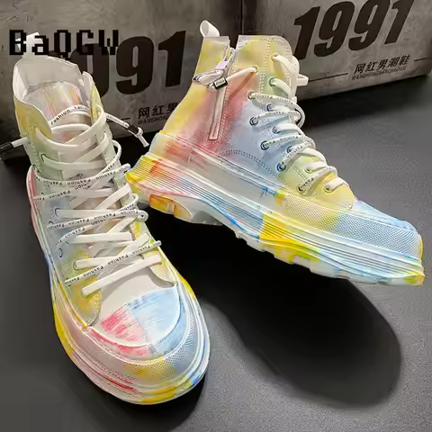 2026 Unisex Colorful Tie-Dye High-Top Canvas Sneakers Chunky Platform Zipper Casual Walking Shoes fo