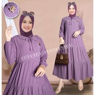 Zulaika Midi Dress Busui Friendly Katun Crinkle Uragiri dengan Krah Daun Bertali - Rubiah Model Terb