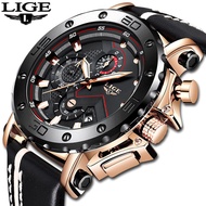 LIGE นาฬิกาผู้ชาย​ข้อมือมัลติฟังก์ชั่แฟชั่นนาฬิกากันน้ำหนังอนาล็อกควอทซ์