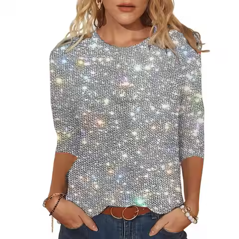 Spring Summer Women Blouse Shirt Crew Neck 3/4 Sleeves Glitter Pullover Tops Shiny Sequins Solid Col