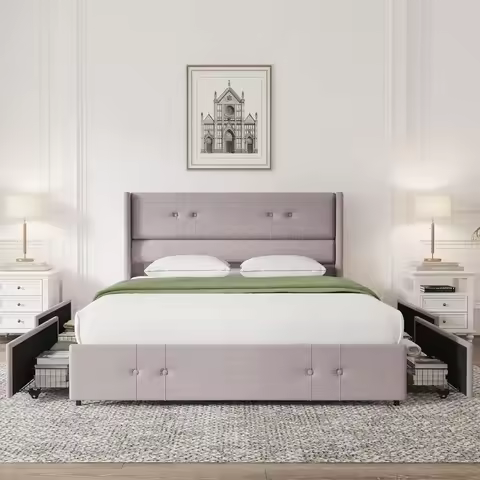 Nordic King Size Bed Frame Platform With 4 Storage Drawers And Fabric Upholstered Headboard