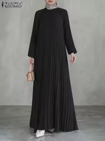 Fashion Women Autumn Long Lantern Sleeve Muslim Dress Abaya ZANZEA Elegant Pleated Dresses Islamic M