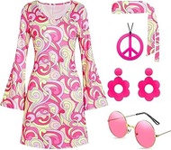60s 70s Disco Outfit Hippie Costume Women, 1970 Style Clothes Dress Peace Sign Accessories Jewelry H