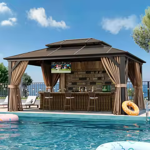 12'x16' Hardtop Gazebo, Outdoor Polycarbonate Double Roof Canopy,Metal Frame Permanent Pavilion with