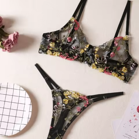 2-Piece Versatile Floral Lingerie Set Embroidery Sheer Women Underwear Intimates