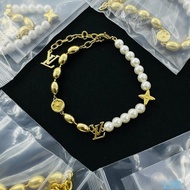 LV Style Pearl Stitching Bracelet Golden Letter Four-leaf Flower Bracelet Light Luxury Niche Design 