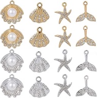 1 Box 32Pcs 4 Styles Rhinestone Beach Charm Gold and Silver Ocean Charms Bulk Boho Hawaii Alloy Summ