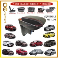 7 USB Charger Port PVC Adjustable Arm Rest/Armrest Center Console Box (Red Line) For Myvi 18 Bezza A