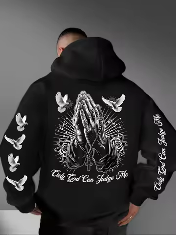 Men's Faith Hoodie Praying Hands Dove Cross Graphic Only God Can Judge Me Back Sleeve Print Fleece S