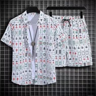 Summer Vintage Trendy Mahjong Printed Cardigan Loose Fit Short Sleeve Suit Ins Casual Fun Men's Sets