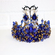 Big blue crown and earrings Royal blue headdress Wedding blue gold tiara