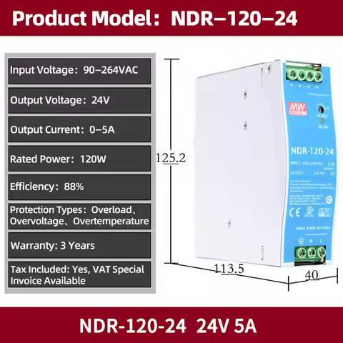 Original Mean Well NDR-120-24 Meanwell 100-240V AC TO DC 24V 5A 120W single output Switching Power S