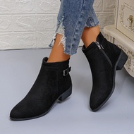 Retro Kích Thước Lớn Giày Chelsea Boot Nữ Ngắn Thắt Lưng Nhung Bề Mặt Da Báo Mũi Nhọn Gót Dày Trên Đ