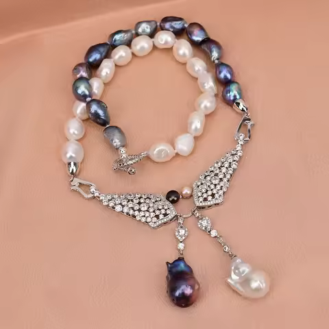 G-G 18" Natural Black White Keshi Pearl Necklace Baroque Pearl CZ Crystal Paved Pendant For Lady