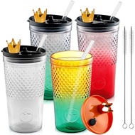 20oz Glass Cups with Lids and Straws, 4 Pack Ribbed Drinking Glass Tumblers Set, Leakproof Reusable 