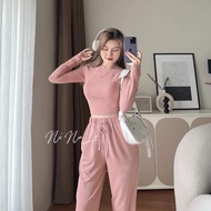 [Voucher 50k Freeship Max 0 đồng toàn quốc] Set thun gân dài trơn áo croptop tay dài quần thun co gi
