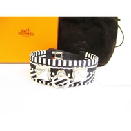 Authentic HERMES Black White Canvas Leather Bangle Bracelet Collier de Chien #6972