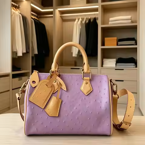 Elegant Dusty Purple Ostrich Grain Leather Pillow Purse Horizontal Barrel Shape Vachetta Leather Bin