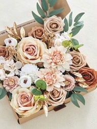 1個人工花卉盒,香檳色和咖啡色,28cmx25cm,絲質,適用於diy蛋糕裝飾,婚禮佈置,婚禮花束,精品店展示,家居裝飾,春季裝飾,戶外裝飾,接待桌裝飾,中心裝飾