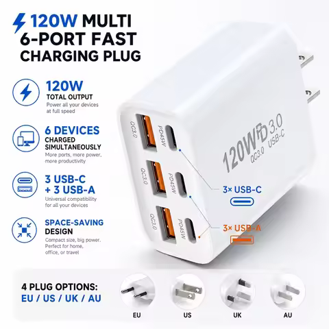 New Style 120W GaN Charger 6 Ports USB Type C PD Charger Quick Charge USB3.0 Type C Quick Charger Mo