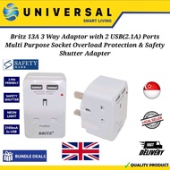 [SG SHOP SELLER] Britz 13A 3 Way Adaptor w 2 USB (2.1A) Ports Overload Protection/Safety Shutter Ada