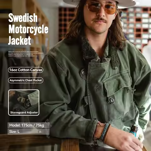 Maden Retro 16oz Canvas Swedish Motorcycle Green Jacket Pocket Bomber Jacket Casual Hunting Work Out