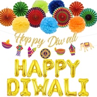 JOYMEMO Diwali Party Decorations Happy Diwali Banner Decorations Paper Fan and Foil Balloons for Diwali Festival of Lights Party Hindu Light Party Decorations Supplies