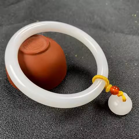 Natural Hotan White Jade Round Bangles Gold Silk Jade Belt Lotus Pendant Bracelet Vintage Exquisite 