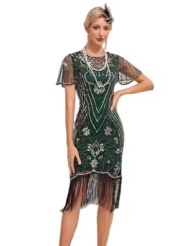 Flapper Dresses 1920s Gatsby Roaring 20s Sequin Beaded Fringe Dress Crew Neck See-through Themed Par