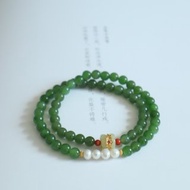 6mm天然和田玉 /和闐玉-碧玉. 銀鑲和田玉並蒂蓮設計多圈手串