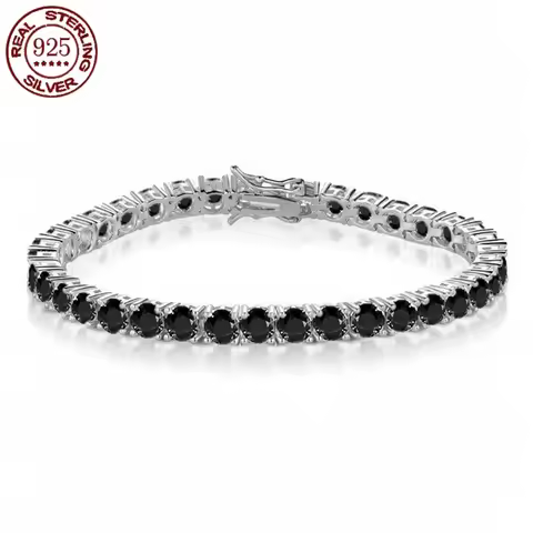 100% Real S925 Sterling Silver Plated 18K Gold 5A Grade Zircon Black Tennis Bracelet for Men and Wom