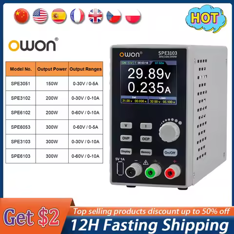 OWON SPE Programmable DC Power Supply 300W 30V/10A 60V/10A 2.8" LCD 10mV/1mA Resolution Digital Volt