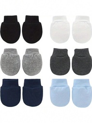 6對新生兒嬰兒純棉舒適透氣防咬手套,男女寶寶均可使用,隨機顏色和款式