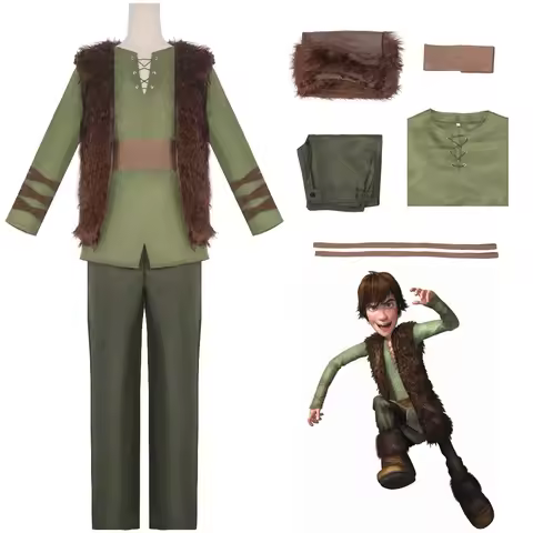 Anime Dragon Hiccup Cosplay Costume Green T Shirt Pant Brown Vest Set Halloween Fancy Dress for Man