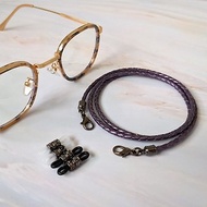 3mm 魔幻紫 小牛皮編織皮繩 金屬黑扣件 眼鏡鍊 口罩鍊