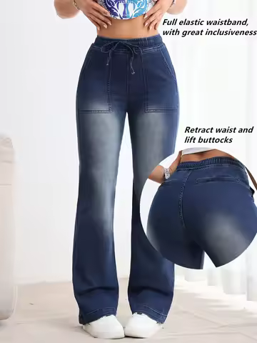 Womens Jeans Y2k Jeans Baggy Jeans Elastic Waist Drawstring Straight Leg Trousers Retro Loose Fit De