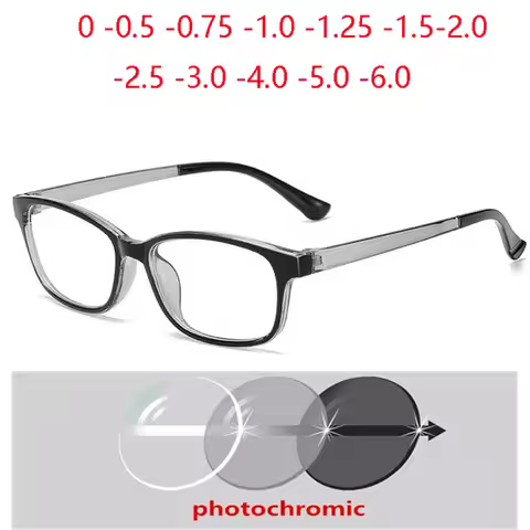 Fashion Plastic Black Gray Frame Square Nearsighted Glasses Sun Photochromic Gray Prescription Eyegl