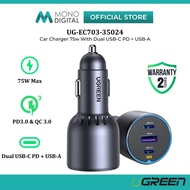 UGREEN 75W DUAL USB-C PD + USB-A FAST CAR CHARGER WITH 65W USB-C OUTPUT 30W USB-C OUTPUT 22.5W USB-A