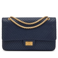 Chanel Navy Blue Chevron Quilted Sheepskin 2.55 Reissue 227 Double Flap Aged Gold Hardware, 2016-2017