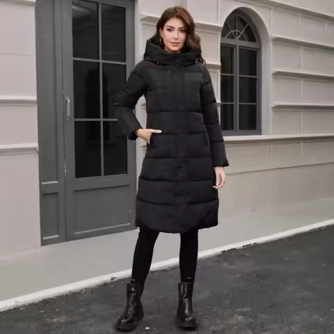 Solid Color Hooded Winter Warm Mid Length Jacket Cold Resistant Casual Cotton Jacket Womens Winter C