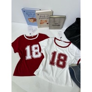 M2M-413 Women's Basic Print Number 18 Short Sleeve Round Collar T-Shirt Top