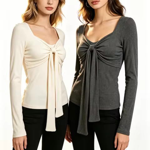 Karofi Women Square Neck Bow Long Sleeve Tops Brushed Fabric Ribbed Knit Slim Blouse Built-in Bra Pa